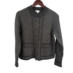 J. Jill Petite Wool Blend Button Cardigan Sweater XS Gray Black Herringbone Knit